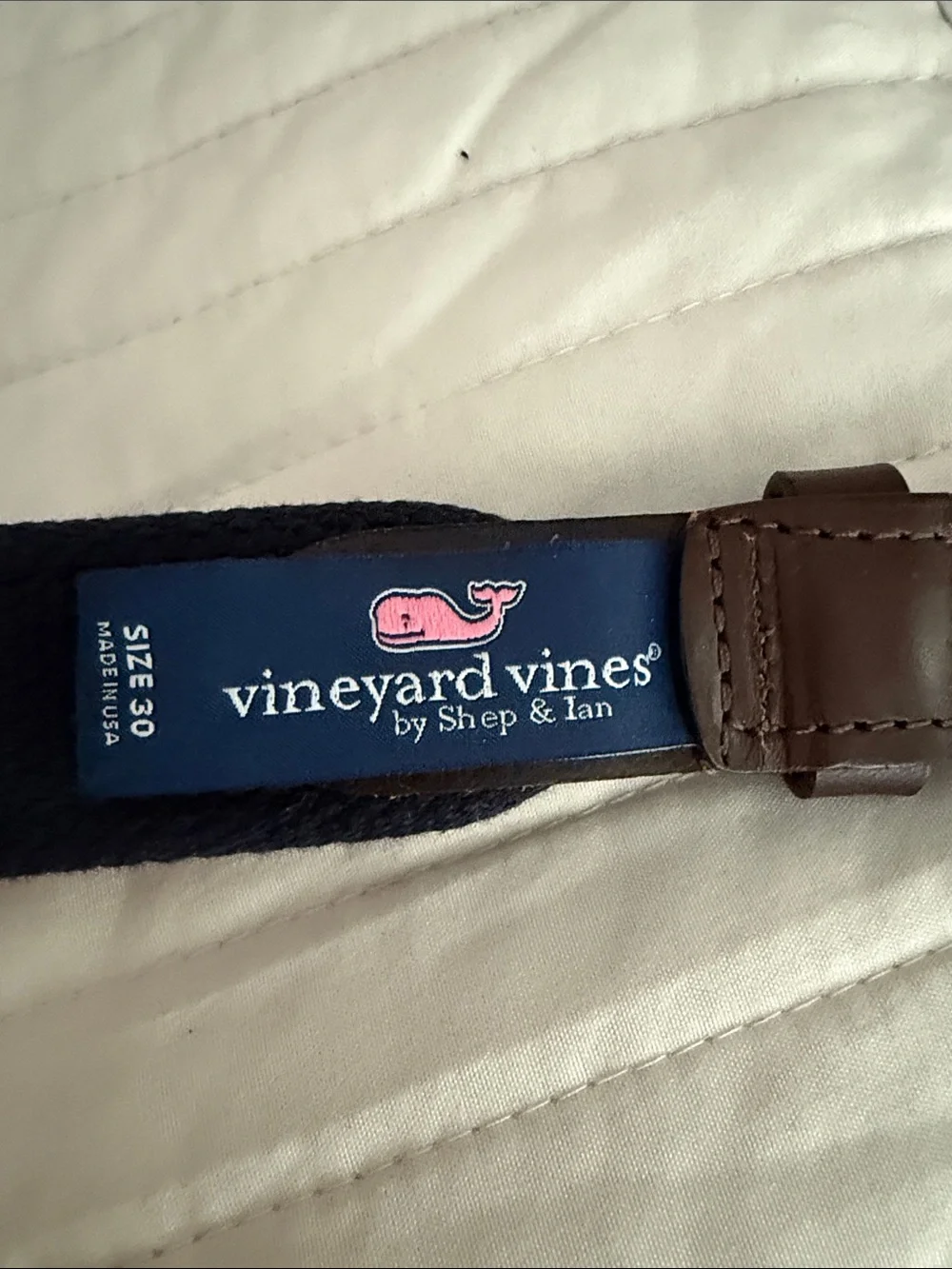 Vineyard Vines Pink Whale-Patterned Web Belt with Brown Leather Trim